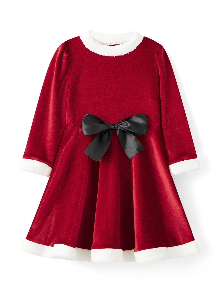 Girls Christmas Velvet Dress Fuzzy Trim Bow Long Sleeve A-line Princess Dress Holiday Costume for Party Stages - Red