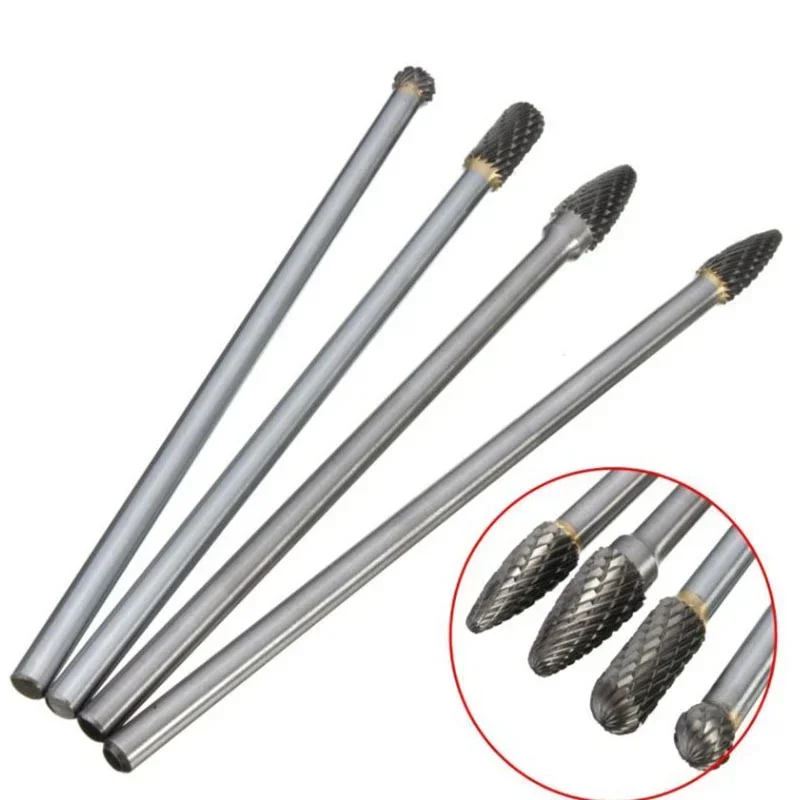 4Pcs/Set 150-160MM Tungsten Steel Grinding Head Kit Diameter 6mm Drill Carbide Grinder Bits for Carving/Shaving/Milling Cutter