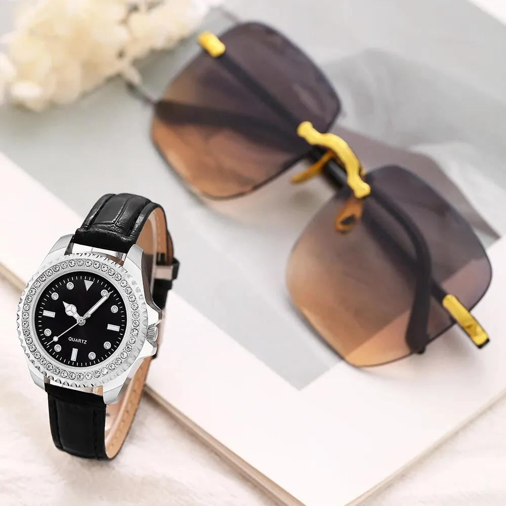 Women Fashion Casual Leather Belt Watches Glasses Ladies Rhinestone Dial Quartz Wristwatches Set Dress Clock Montre Femme