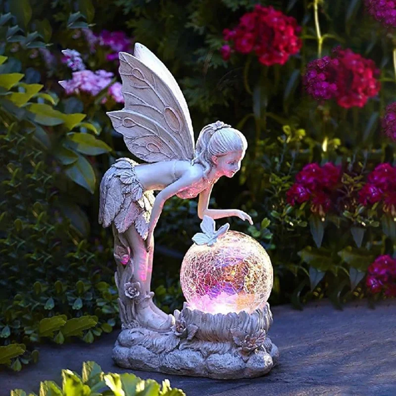 New Fairy Tale Flower Fairy Ornaments Garden Crystal Ball Girl Statue Solar Lights Decoration Resin Crafts Desk Decoration