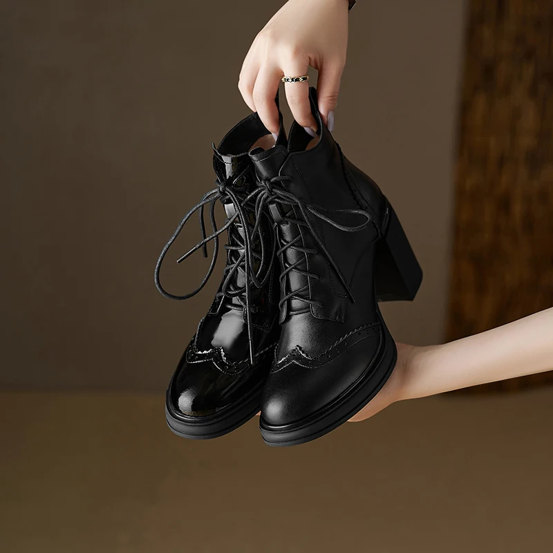 2024 New Women Genuine Leather Lace-up Ankle Boots Thick High Heels Motorcycle Boots Round Toe Warm Autumn Winter Shoes Woman