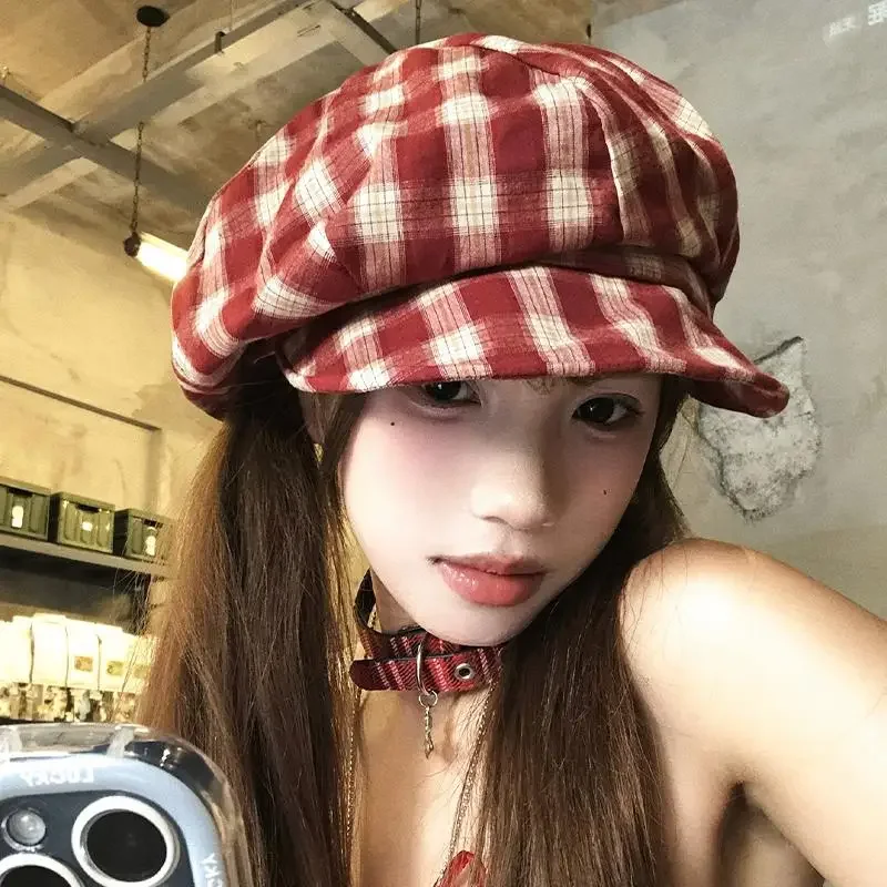 Korean Retro Plaid Beret Hat for Women Y2K Contrast Color Checked Beanie Cap Summer Travel Versatile Face Slimming