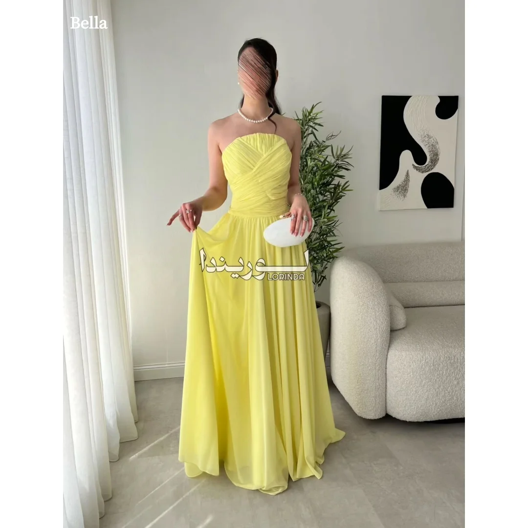 

Bella Customized Bright Yellow Strapless Ruched Prom Dress Chiffon Floor-Length Party Dresses Elegant robes de soirée Formal