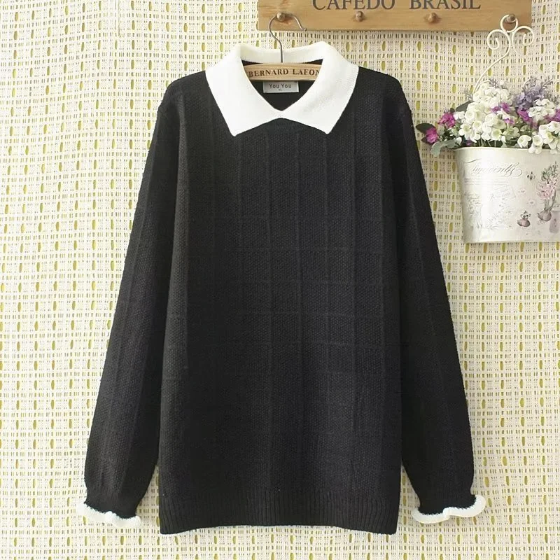 Suéter a cuadros de Jacquard de Color contrastante para mujer, Otoño Invierno, empalme de solapa, moda informal coreana, Jersey de punto suelto, Tops