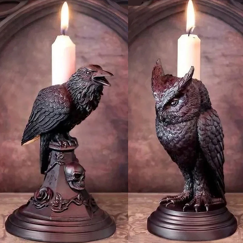 1Pc Retro Gothic Black Crow Candle Holder Halloween Statue Owl Great Gothic Collectible Or Gift For A Fan Of Gothic