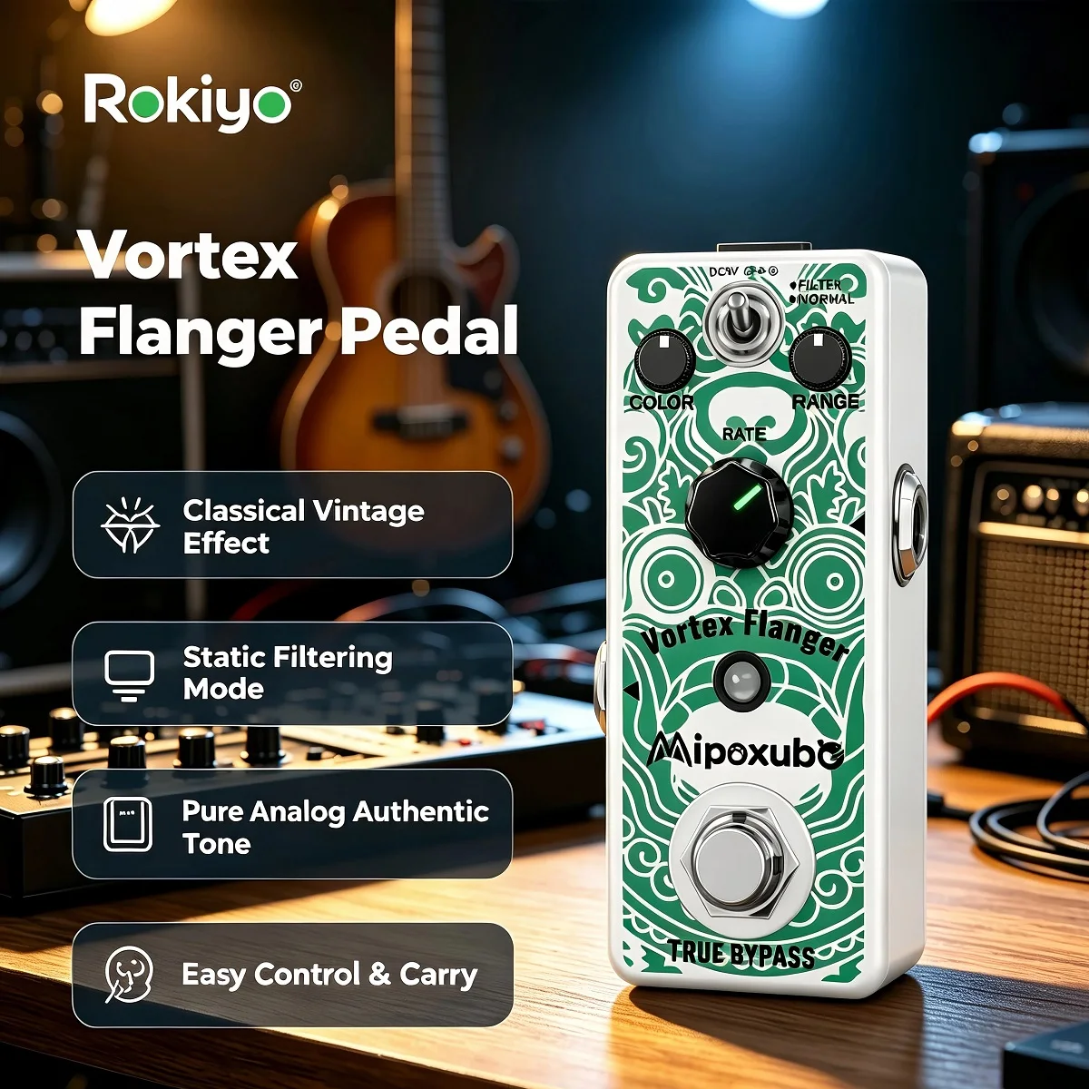 Mipoxube Vortex Flanger Guitar Pedal Vintage Analog Flanger Effect Pedal Normal & Filter Modes 3‑Knob Control Mini Stompbox