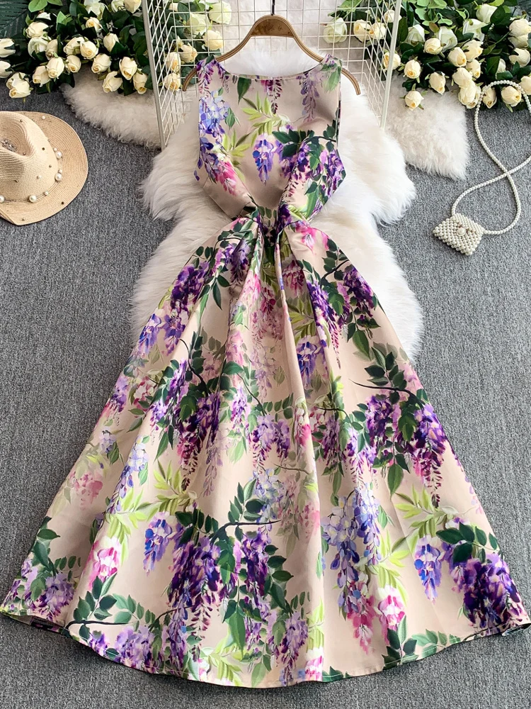 

Ele Svel Print Dr Women's Summer New Sle High Waist Slimming Full Skirt Long Dr Korean Sle Commute Faion