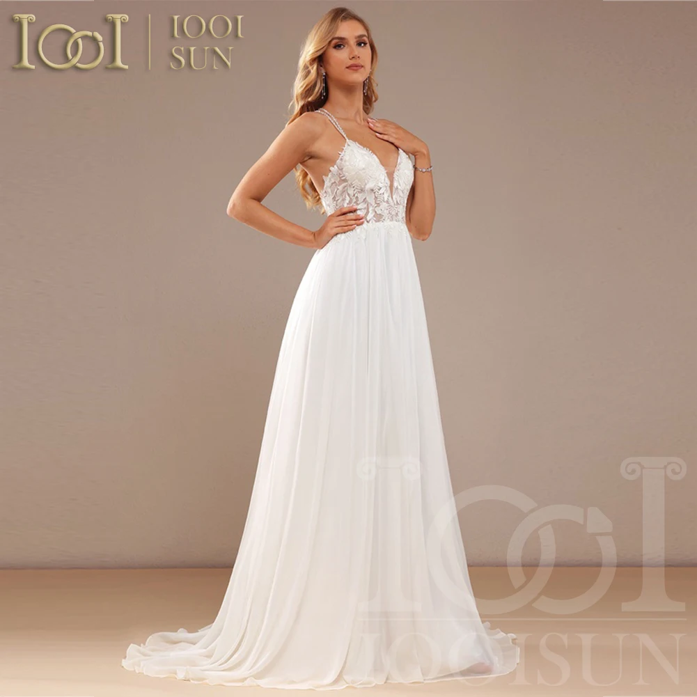 

IOOISUN Beaded Spaghetti Straps Wedding Dresses Deep V-neck Bridal Dress Boho Lace Wedding Party Gown vestidos de novia Robe