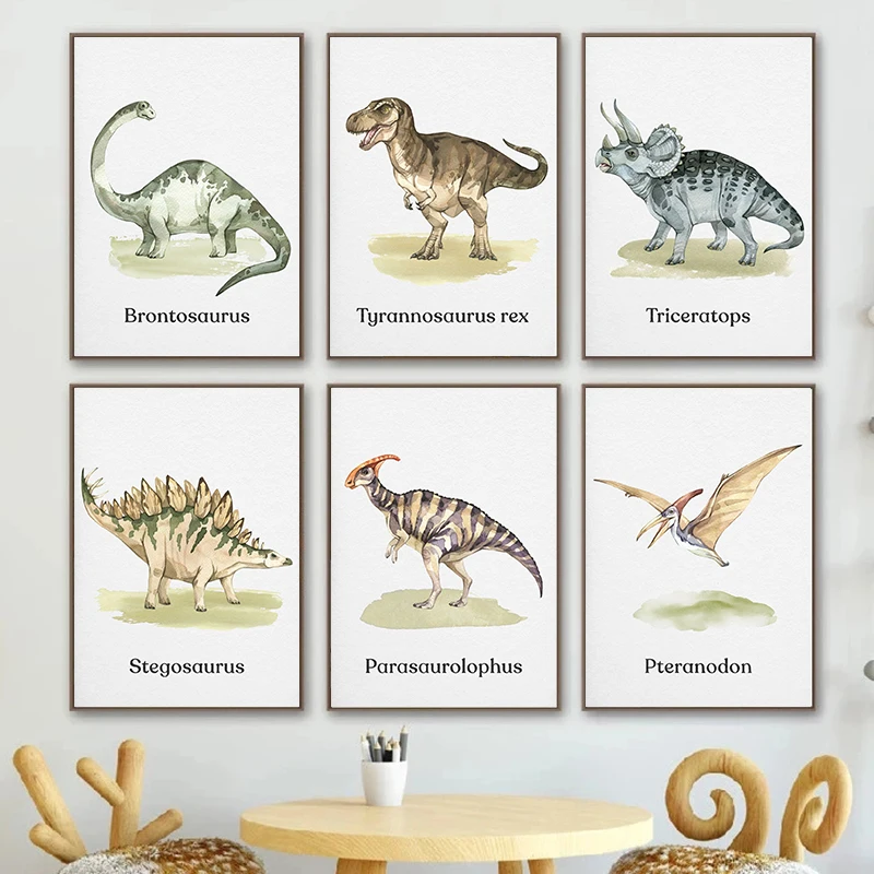 

Watercolor Dinosaur Poster Nursery Boy's Room Decor Wall Art Canvas Painting Cartoon Animal Picture Kids Baby Room Decoration