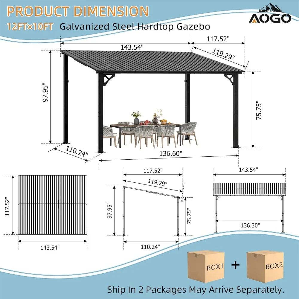 12x10 FT Lean to Gazebo Sloping Galvanized Steel Roof Hardtop Outdoor Pergola with Heavy Duty Aluminum Frame for Patio, Custom
