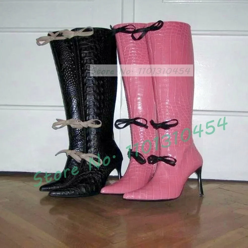 Pink Crocodile Bowknot Boots Girl's Lovely Spring New In Pointed Toe Knee High Boots Hot Street Style Large Size Women Shoes