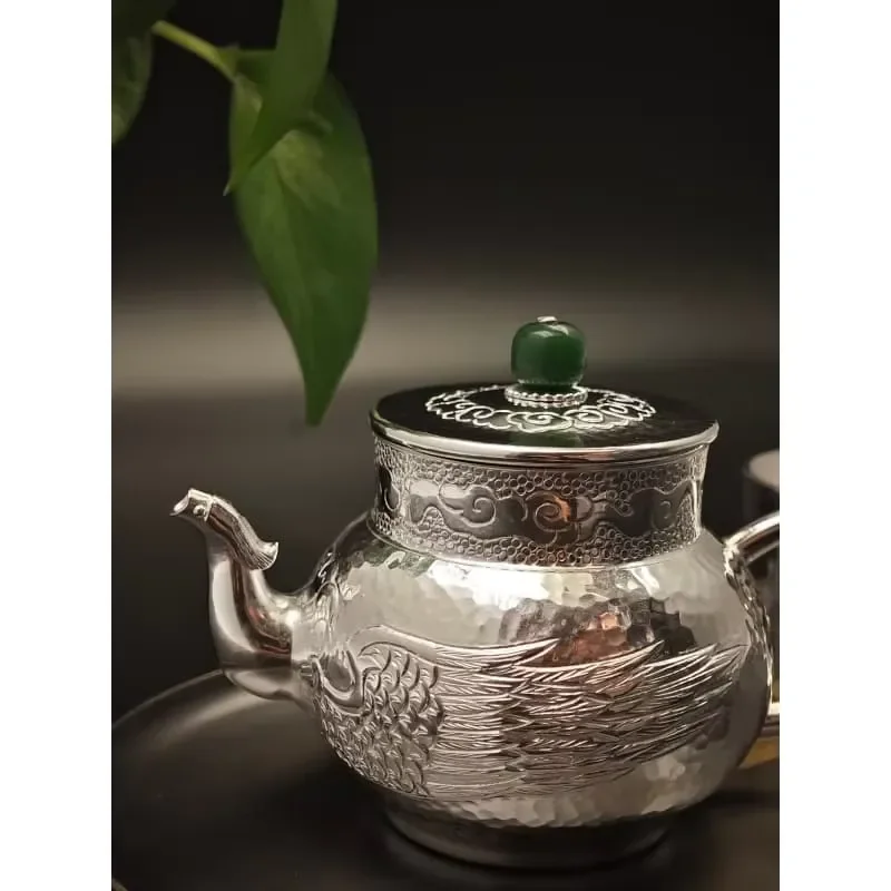 Traditional Chinese Tea Set Silver Plated Copper Jade Inlaid Teapot Hand Forged Kung Fu Tea Ware Vintage Style Gift for