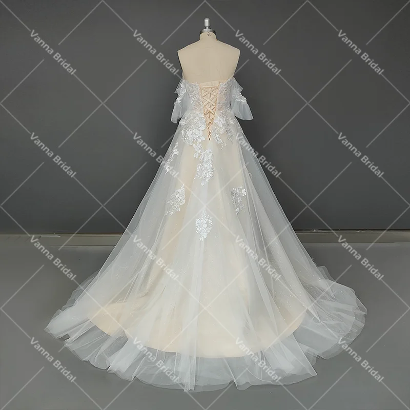 Sweetheart Shimmer Tulle Appliqued abito da sposa con spalle scoperte bottoni ricamo fotografia paillettes personalizzate abito da sposa