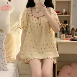 Cherry Women Pajama Sets Korean Sleepwear Piiama Sets 2 Pieces Ruffle Night Wears Short Sleeve Pyjamas Summer Home Suit 2024 New