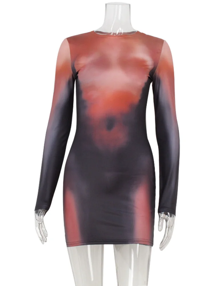 CNYISHE Gradient Color Hip Wrap Spring New Party Outfits Skinny Women Dresses O Neck Lomg Sleeve Sheer Female Bodycon Vestidos