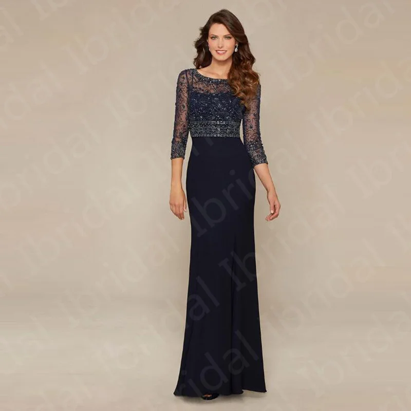 Gorgeous Dark Navy Beading Mother of the Bride Dresses Three Quarter Sleeves Chiffon Wedding Guest Gowns 2024 Evening Party Gown