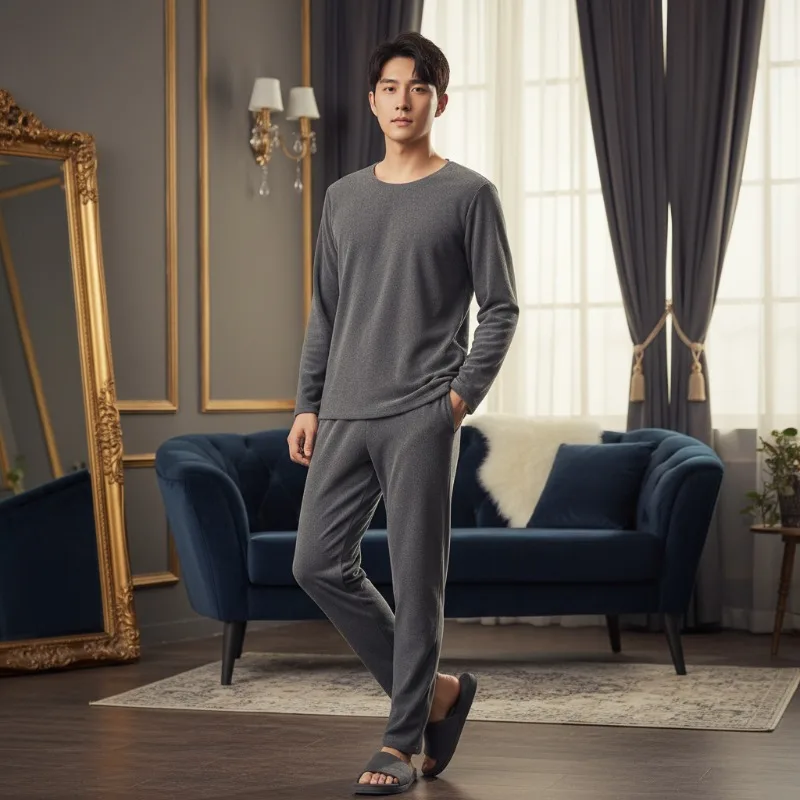 

Unisex Thickened Thermal Winter Suit Velvet Collarless T-shirt Trousers Black Red Set