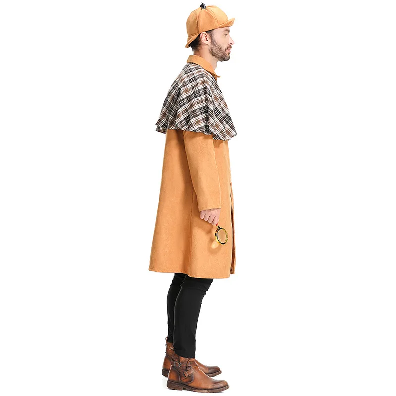 Traje de detetive cosplay para homens adultos, casaco de manga comprida, xale quadriculado, estilo francês, script play, roupa de Halloween