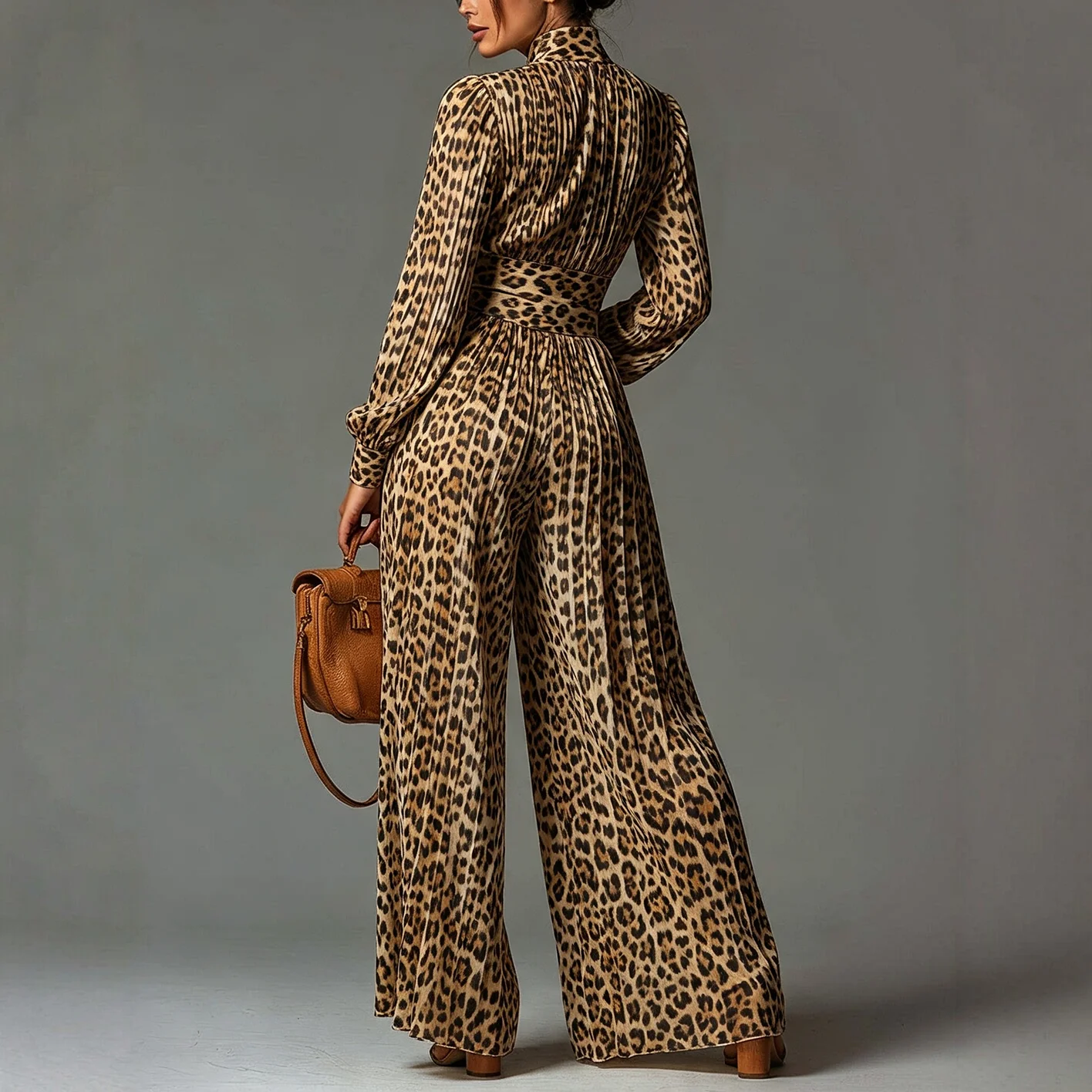 Elegant Stand Collar Zipper Leopard Print Jumpsuit Women's High Waist Wide Leg Romper Long Sleeve Vacation One Piece Overalls