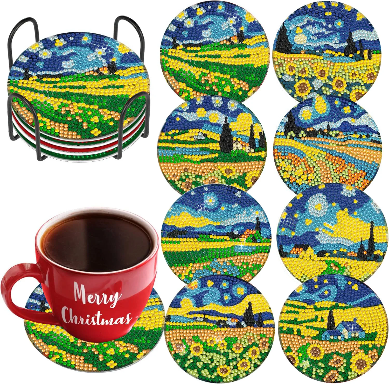 Flash Diamond Sonderangebot, 8-teiliges Van Gogh Sonnenblumen DIY Diamant-Textur Untersetzer-Set 'Unter dem Sternenhimmel', Heim-Festival-Deko
