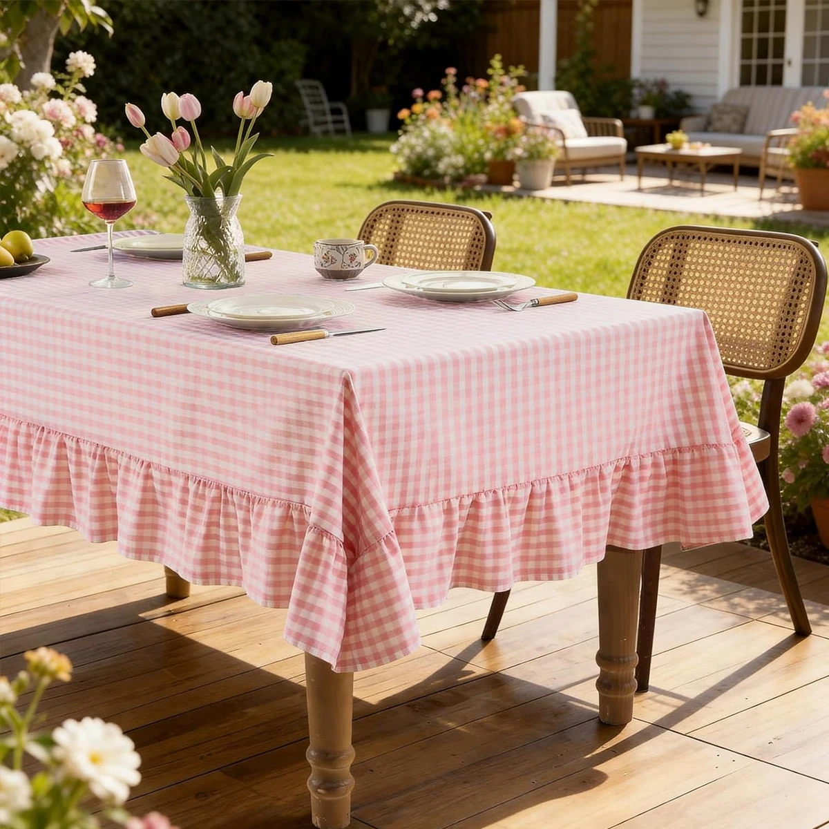 Karierte Tischdecke mit Rüschenrand für Zuhause, Hochzeit, Party, Festival, Küche, Weiche Faltbare Tischdecke mit Rüschenrand – Detail 5