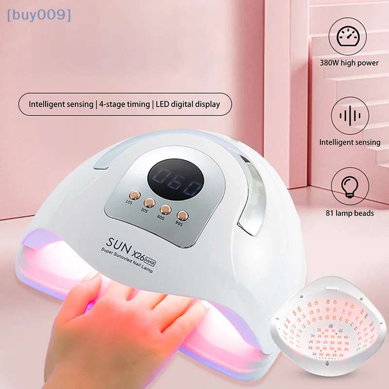 【ซื้อ 009】โคมไฟเล็บ LED UV 380W, เครื่องเป่าเล็บมืออาชีพเจลขัดเงาพร้อมลูกปัด 81 ลูก, ไฟเล็บ UV พร้อมการตั้งค่าตัวจับเวลา 4 ตัว
