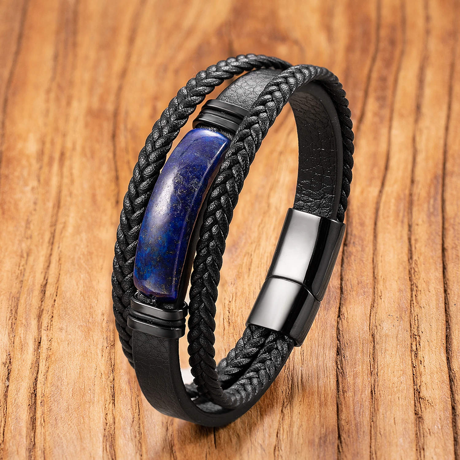 Nieuwe Natuurlijke Lapis Lazuli Steen Armband Homme Zwart Lederen Touw Hoge Kwaliteit Cadeau voor Vriendje Energie Healing Sieraden voor Man