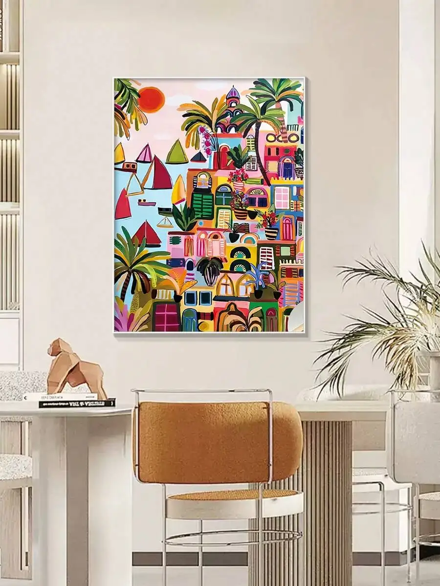Modern Color Mediterranean Landscape Canvas Prints Watercolor with Fine Line Pen Wall Art Poster for Living Room Home Decor Gift