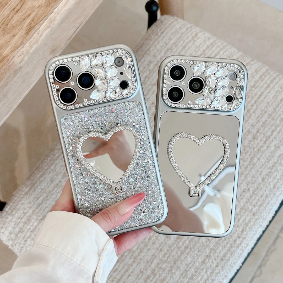 

Роскошный чехол-подставка в форме сердца со стразами и блестками для iPhone 13 15 14 16 17 Pro Max, зеркальный держатель для макияжа, чехол для телефона