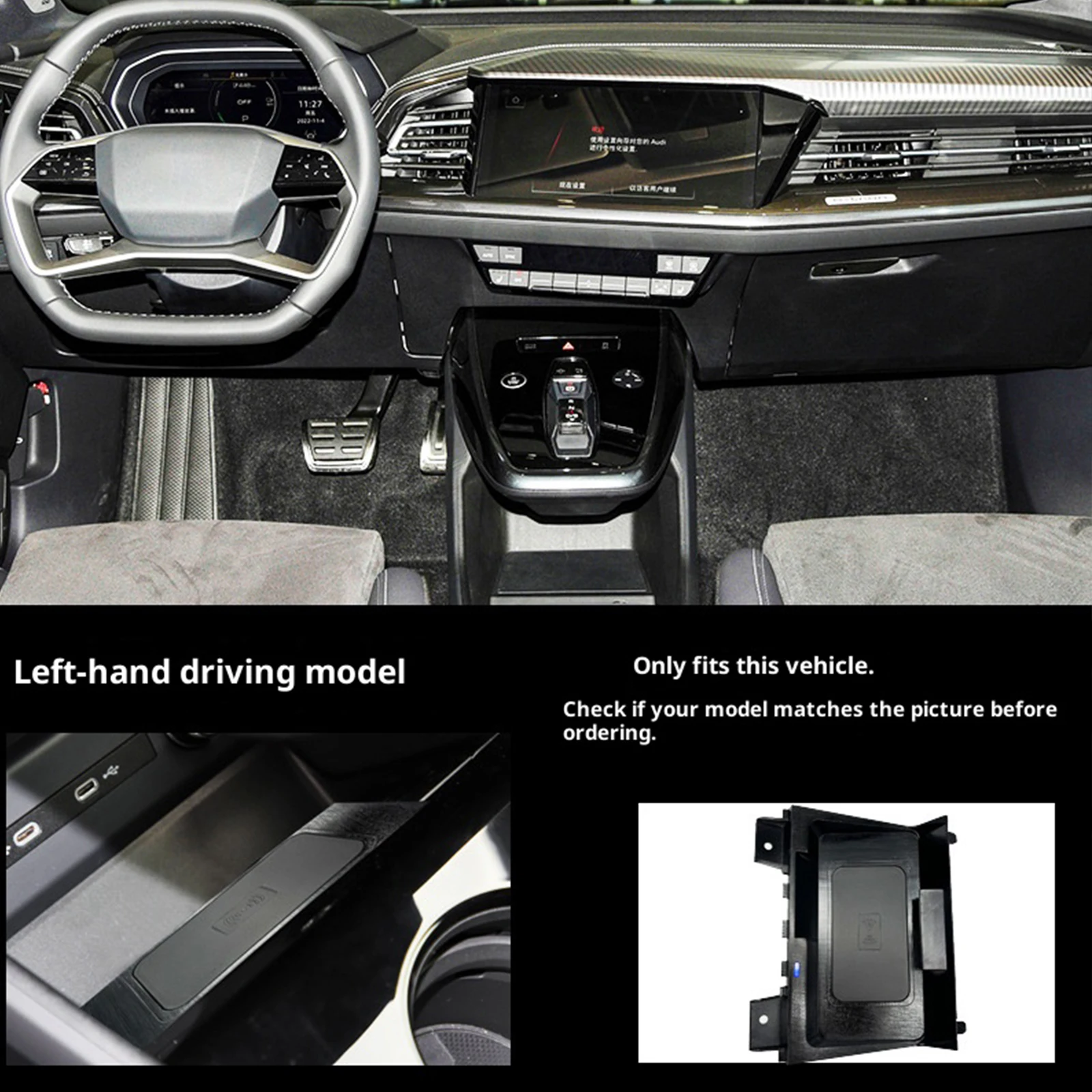 2 Din for Audi Q4e-tron 2022-2024 Car Wireless Mobile Phone Charger Center Console Storage 18W iPhone fast charge plate holder