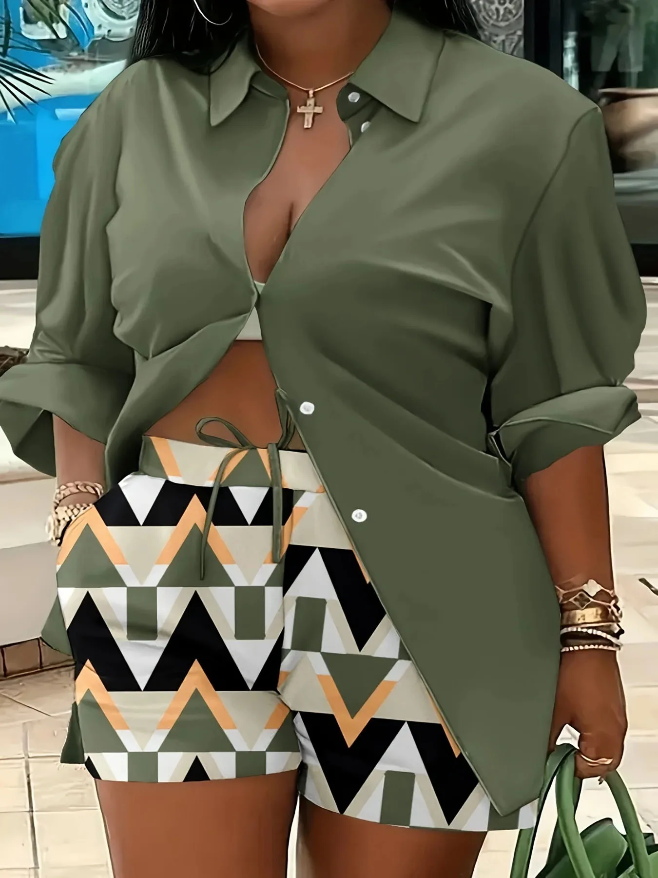 

Rock the Street with Confidence! Army Green Shirt and Geometric - Printed Shorts Set, a Daily Fashion Essential