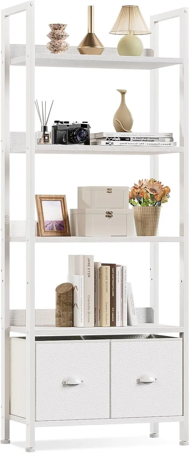

5-Tier White Bookcase with Drawers, Wood and Metal Storage Shelf for Bedroom, Living Room, Office