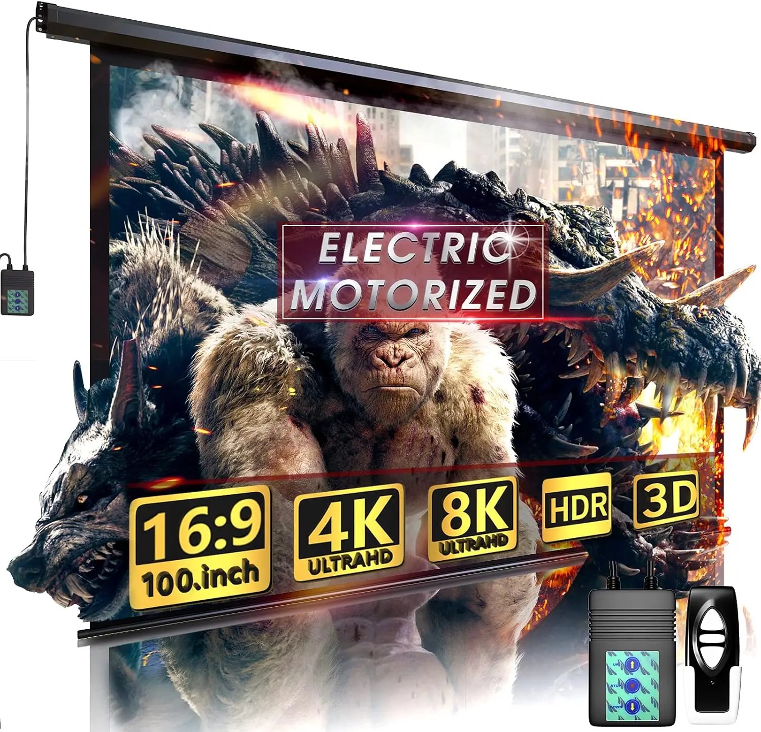 

100" Motorized Projector Screen - Indoor & Outdoor Movies, 100 inch Electric 16:9 with Remote