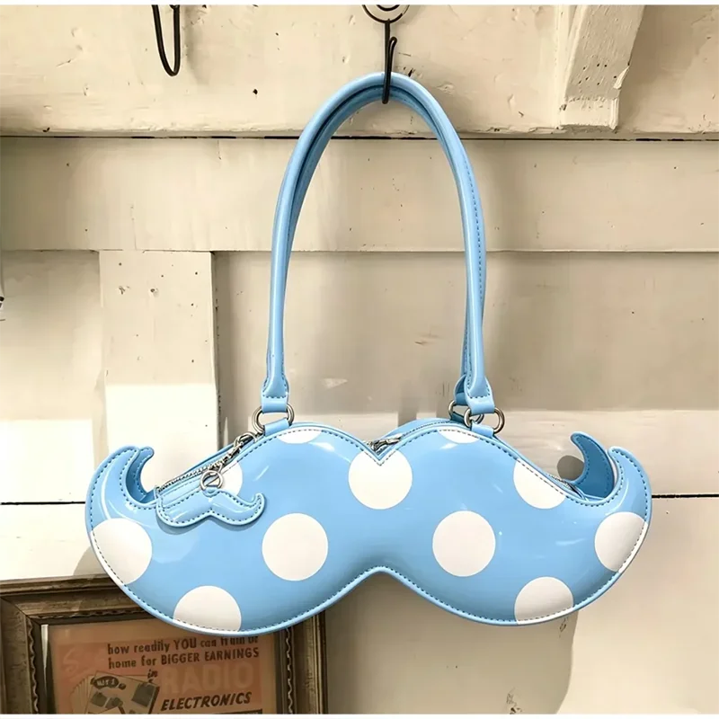Mustache Shape Polka Dot Hobo Schultertasche, süße, niedliche, ausgefallene, kreative Handtasche für Damen, leichte Alltagstasche im Nischendesign – Detail 1
