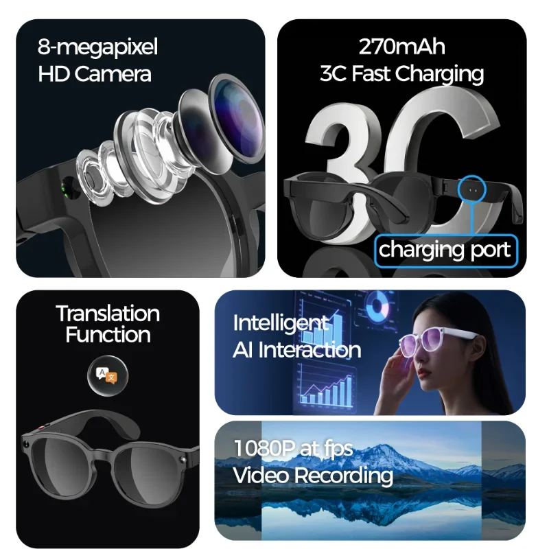 2026年新型レノボaiスマートグラス-4k撮影画像ai翻訳-8mp-hdカメラ-bluetooth通話録音-音楽スマートサングラス