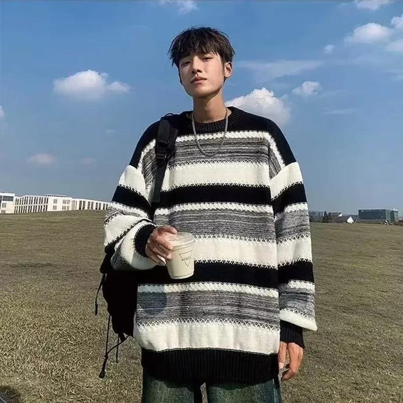 

Loose Fit Men's round Ne Knitwear Stripe Pattern Casual Sle Polyester Fiber Winter Season Faionable Sweater for Teens