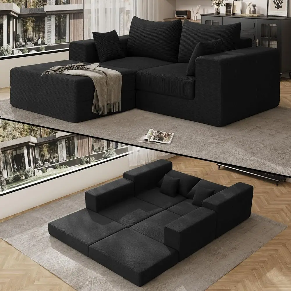 

Раскладной диван-кровать 80 дюймов с подушкой, вельветовым покрытием, L-образный шезлонг для гостиной или спальни (черный)