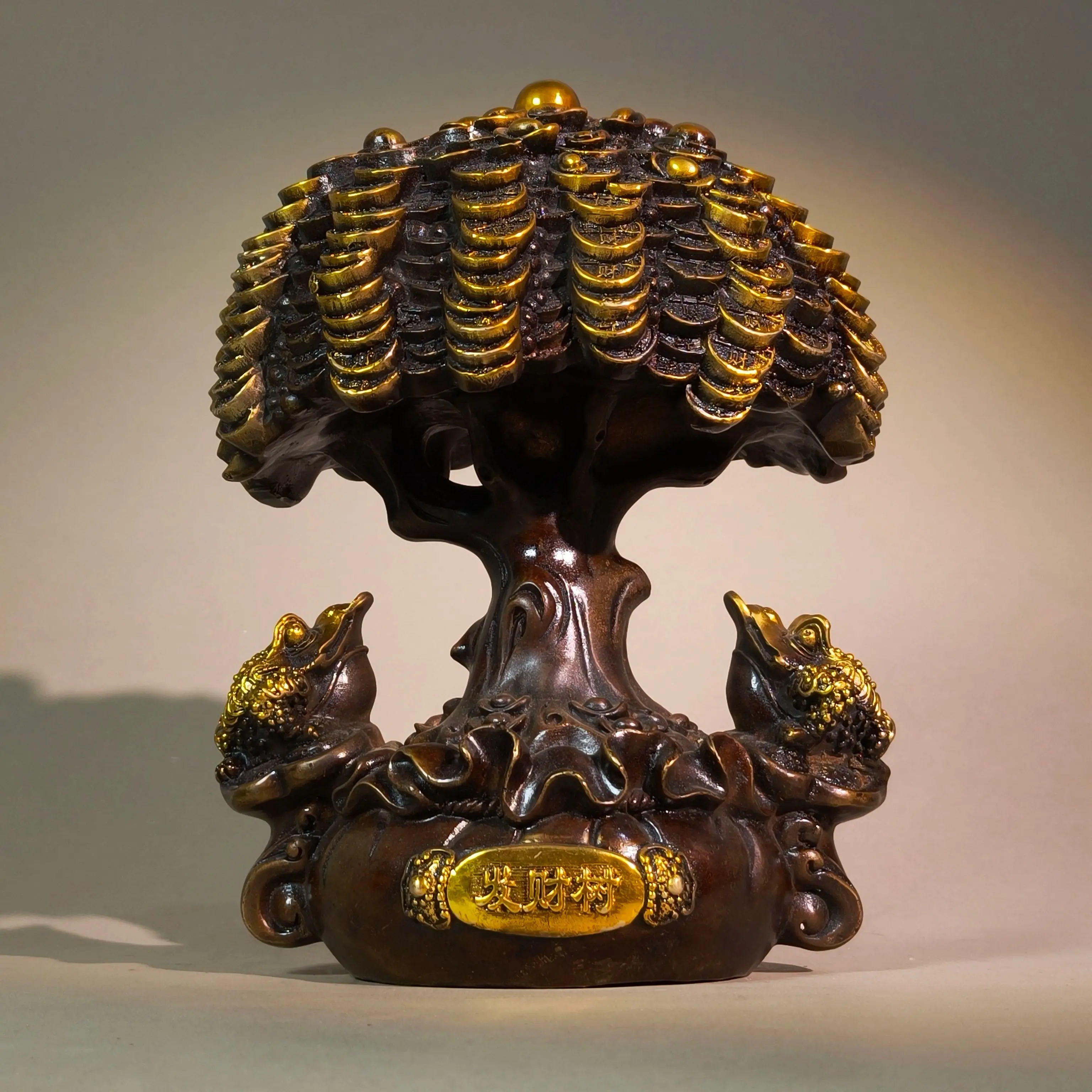 Exquisite copper ornaments featuring golden toads, welcoming pine trees and money trees, ideal for decorating living rooms, offi
