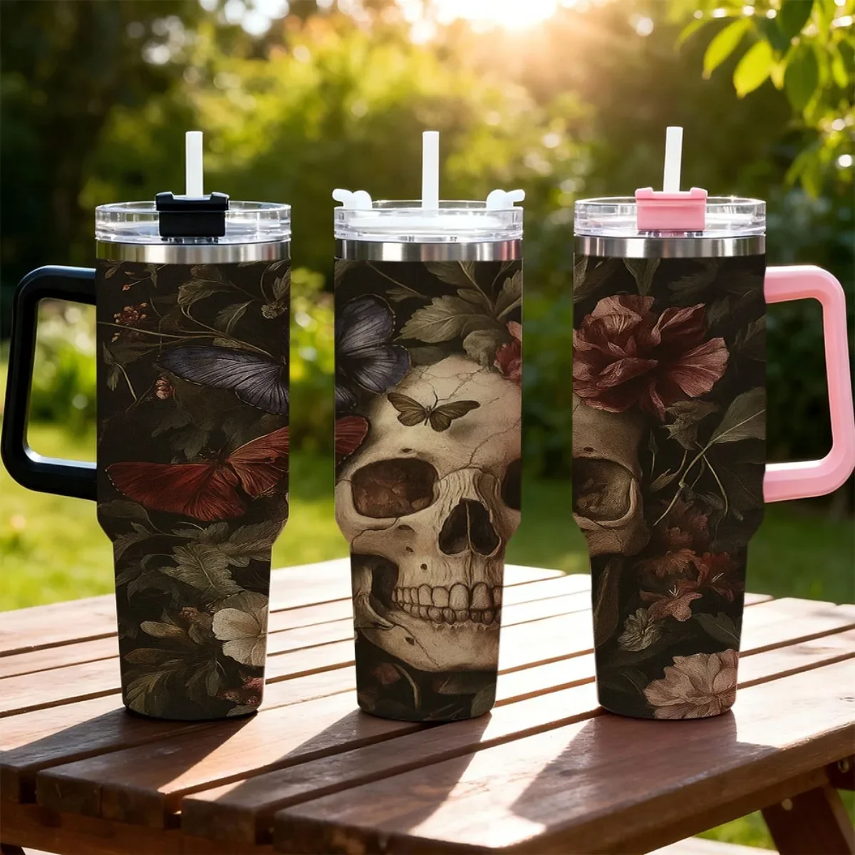 40oz Tumbler with Handle Vintage Dark Floral Skull Butterfly Print Insulated Cup, Other colors sold out, random black or white shipment for other color orders