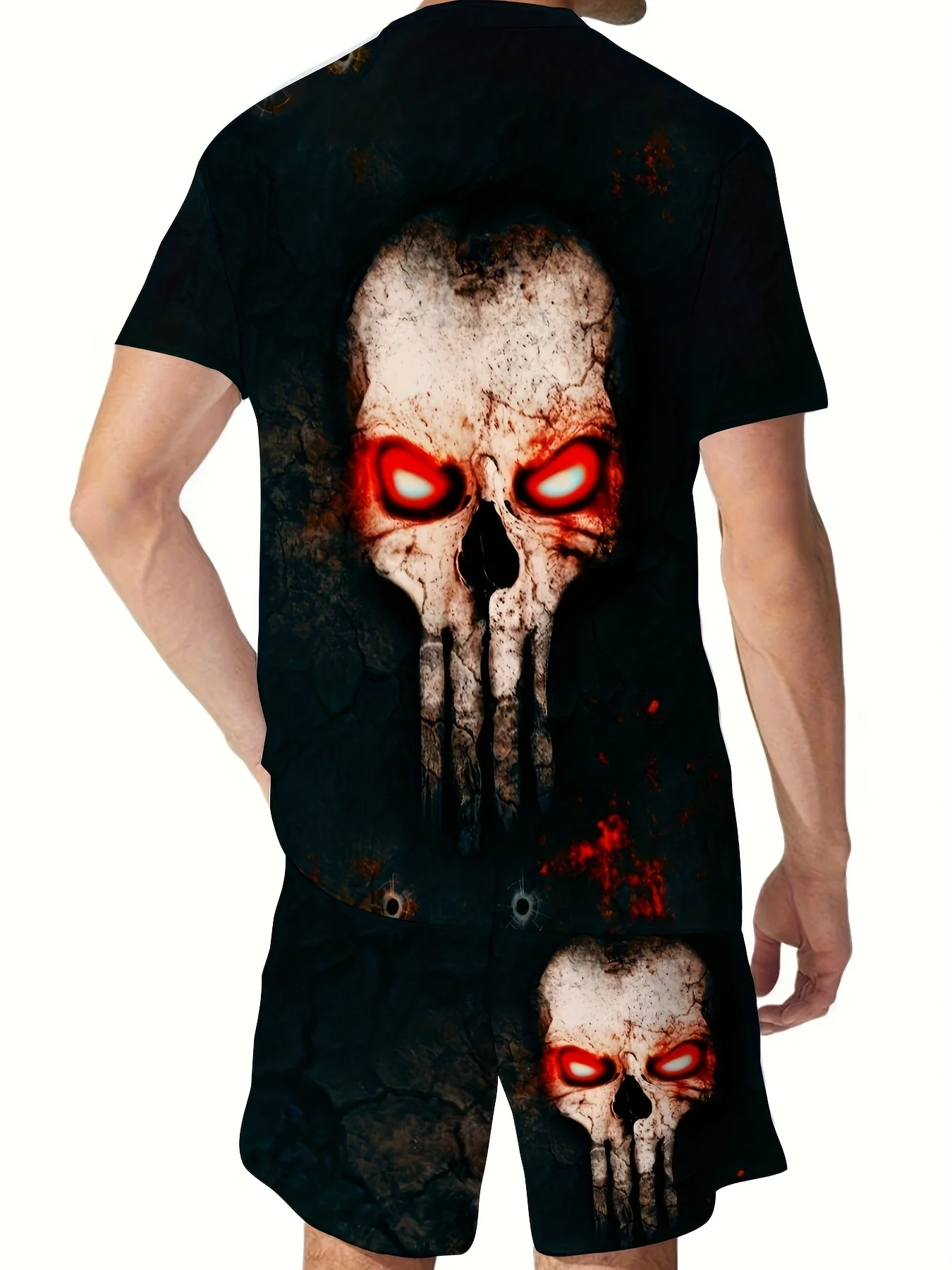 Men's Red eyes Skull Graphic Print T-shirt & Shorts Set, Oversized Trendy 2Pcs Outfits, Men Clothing