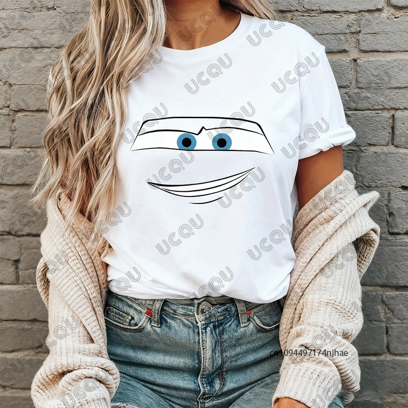 

2026 Cars Lightning McQueen Print Women’s Cotton T-shirt Summer Short Sleeve O-neck Tees Casual Vintage Oversized Couples Tops
