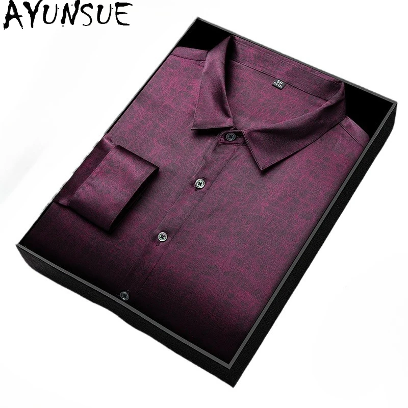 

AYUNSUE High-end 90.8% Real Mulberry Silk Shirts for Men Clothing Fashion Satin Tops Xiangyunsha Long Sleeve Shirts Man Clothes