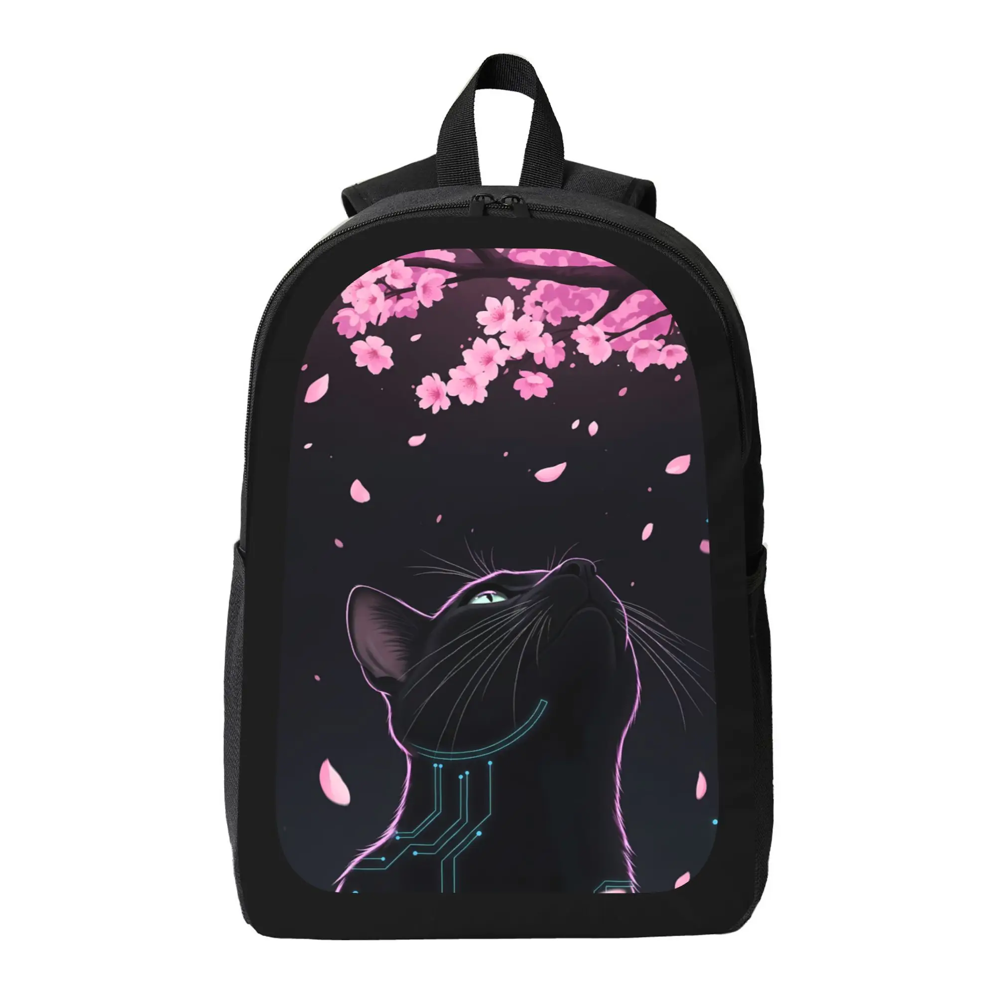 

Neon Cherry Blossom Night Backpack - Lightweight High Capacity School Bag with Adjustable Shoulder Strap, Black and Pink Floral
