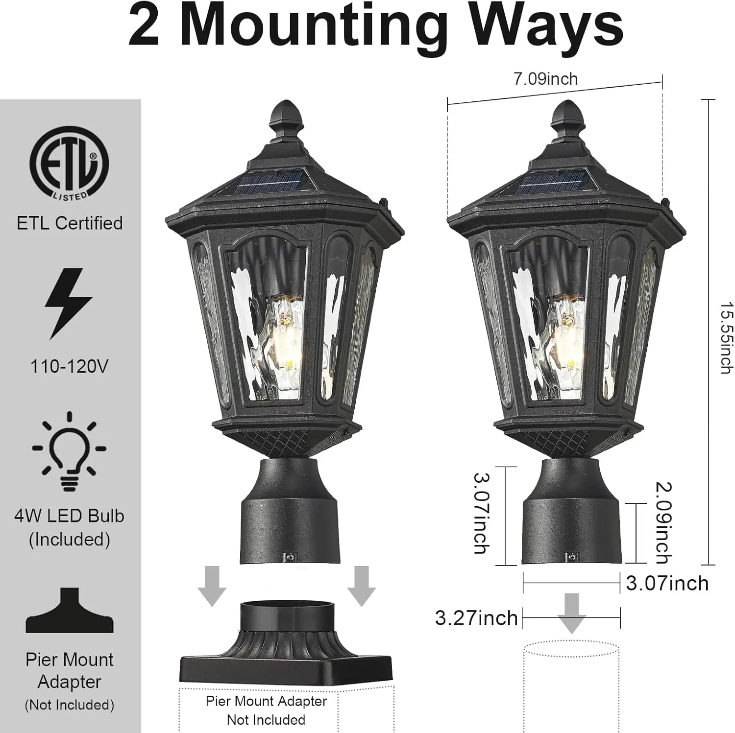 LED 태양광 포스트 라이트, 방수, 황혼에서 새벽까지, 3가지 모드, 리모컨, 야외 파티오 정원 통로