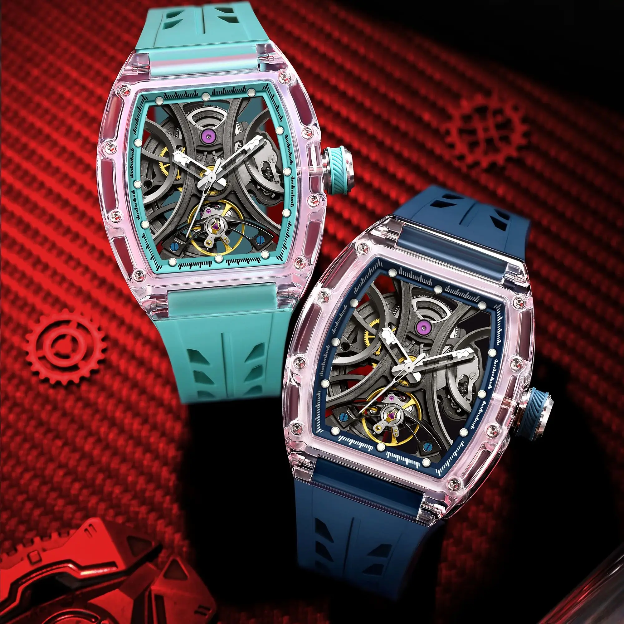 919511 Crystal TR Glass Transparent Case Mechanical Tonneau Out Door Watches Automatic Hollow Watch GormanWatch Wristwatches