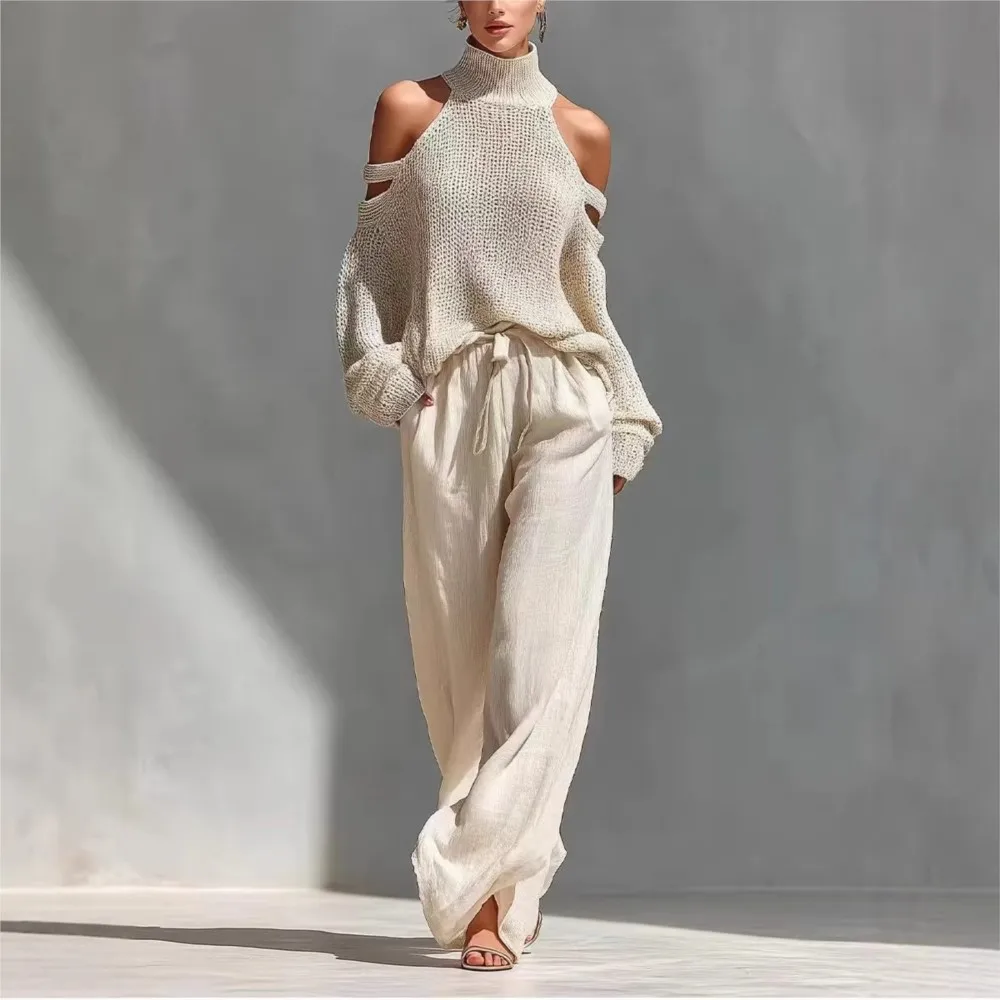 Modischer Hochkragen Sexy Ausgeschnittener Schulterfreier Damen-Strickpullover 2-teiliges Set Frühling Lässige Weite Hose Damen-Anzug