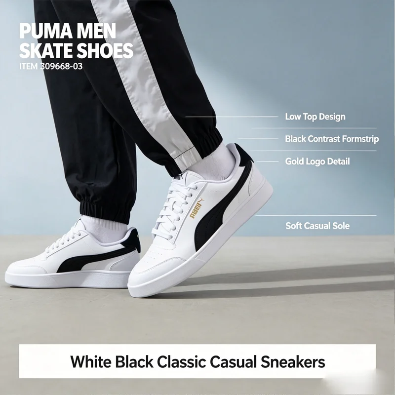 PUMA 309668-03 Men Low Top Skate Sneakers White Black Contrast Formstrip Non Slip Soft Sole Outdoor Daily Walking Shoes