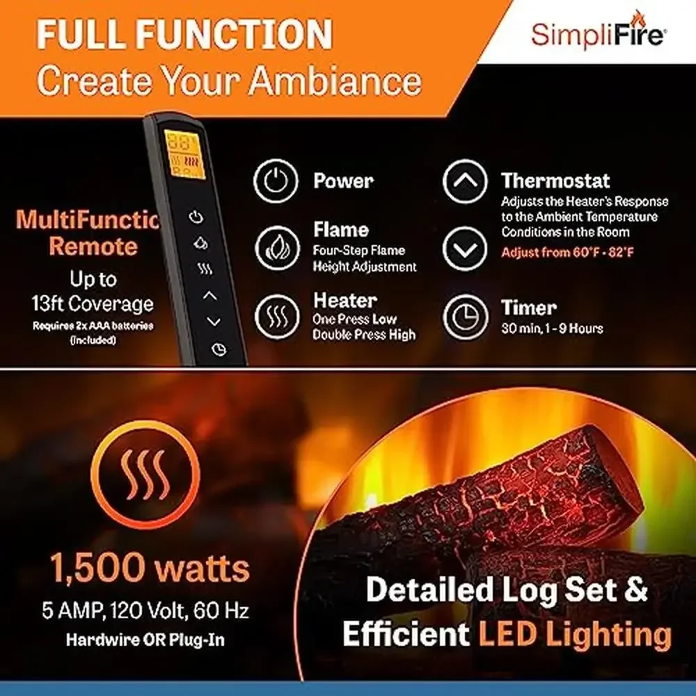 35-Inch Electric Fireplace with Masonry-Style Interior and Textured Log Set 4 Flame Intensity Levels Integrated Heater Corded