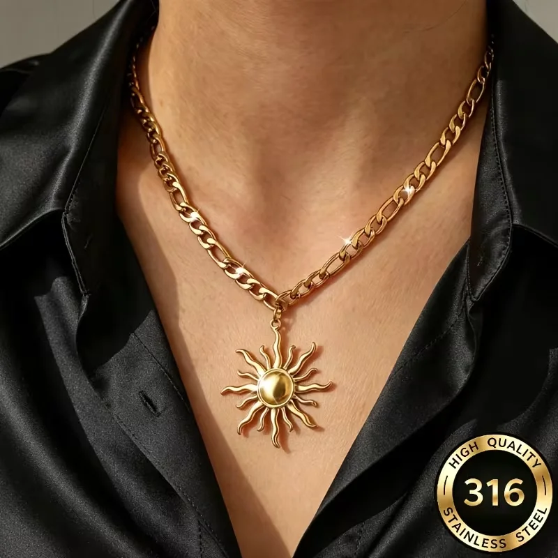 316L Edelstahl Goldene Modische Sonnenblumen-Anhänger-Halskette für Damen und Herren, Klobige Übertriebene Schlichte Solar-Gliederkette Schmuck