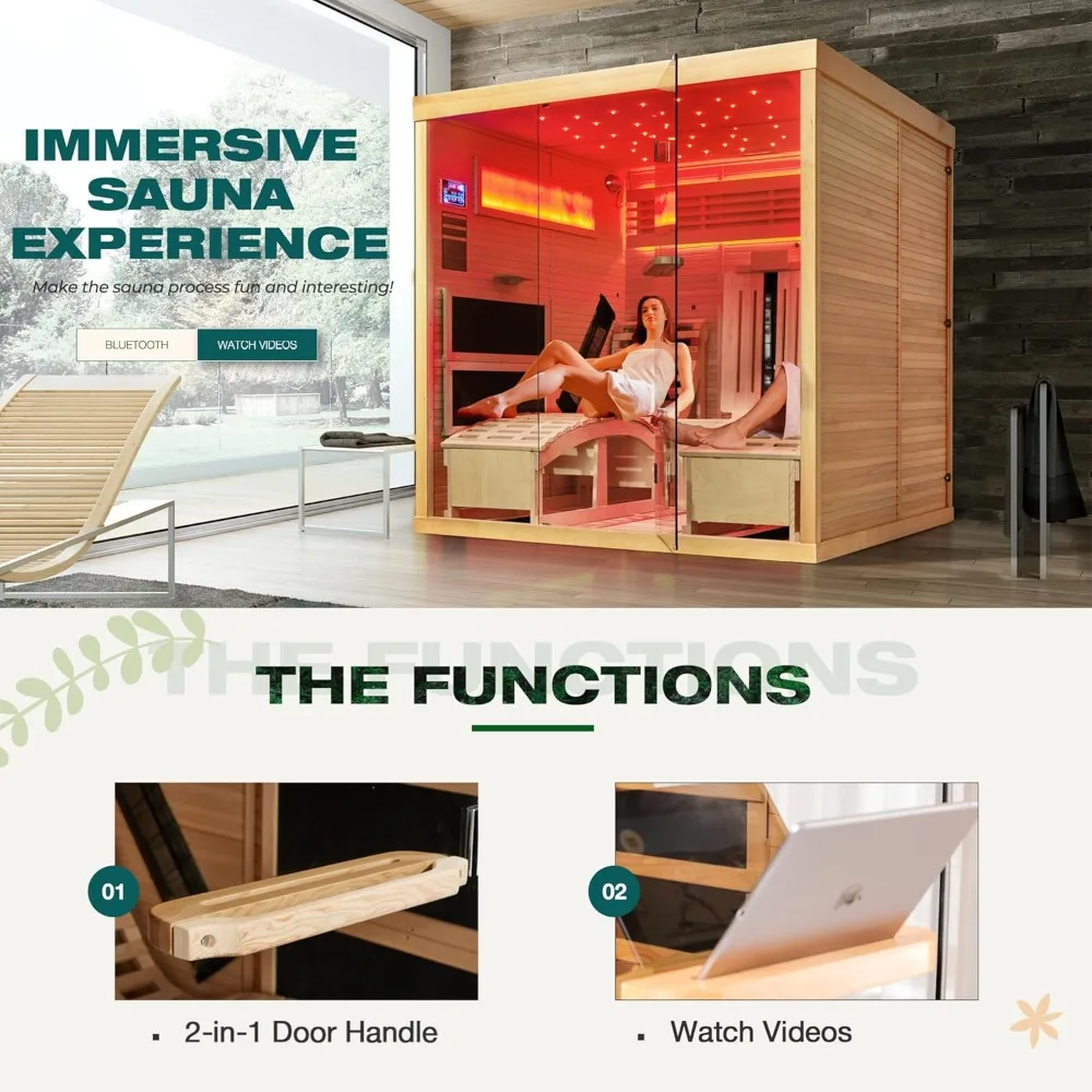 Infrared Sauna,2 Person Luxurious Indoor Sauna with Recliner, Wooden Sauna with 7-Color Starry Ceiling,9 Heating Tubes